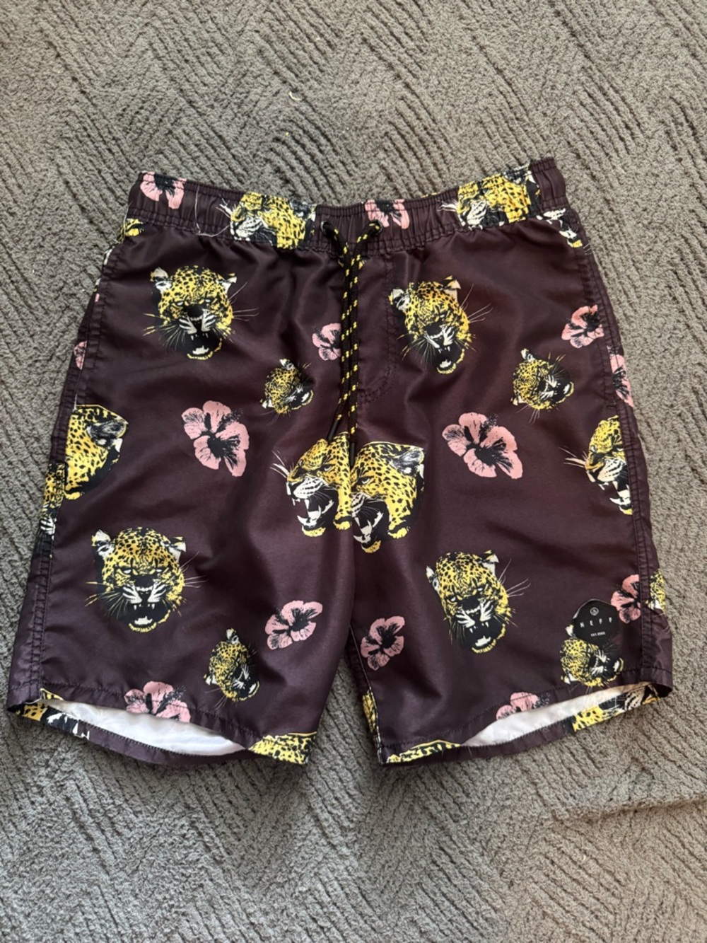 Neff Men's Dark Plum Swim Shorts with Yellow Cheetah/Leopard & Hibiscus Print